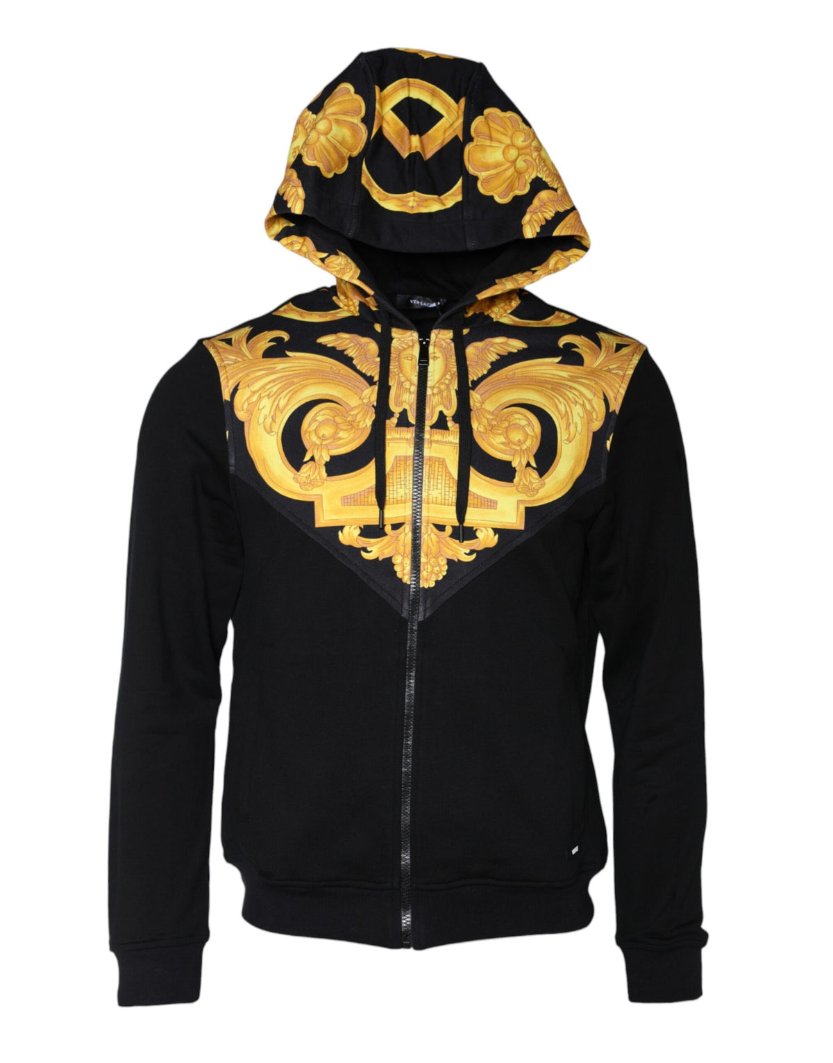 Black Versace Medusa print cotton full-zip hoodie with front pockets and long sleeves, featuring bold Medusa design on the chest.