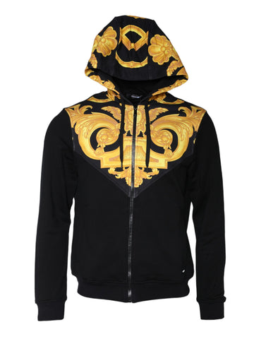 Black Versace Medusa print cotton full-zip hoodie with front pockets and long sleeves, featuring bold Medusa design on the chest.