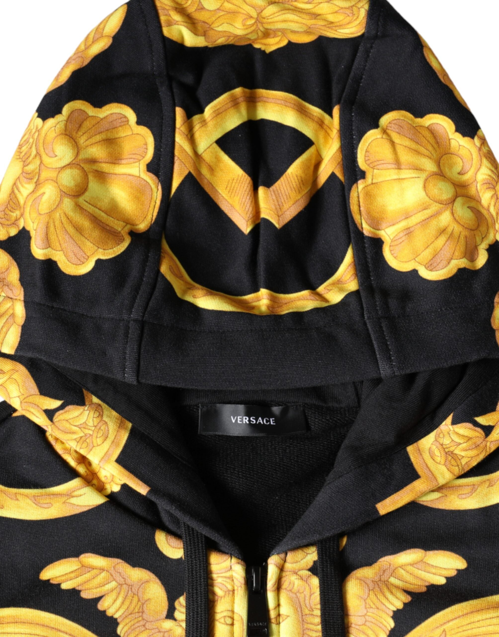 Versace black cotton full zip hoodie featuring Medusa print, casual sweatshirt with hood and front zipper.