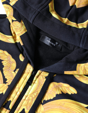 Black Versace Medusa print cotton full-zip hoodie with front pockets and ribbed cuffs, featuring bold Medusa graphic design.