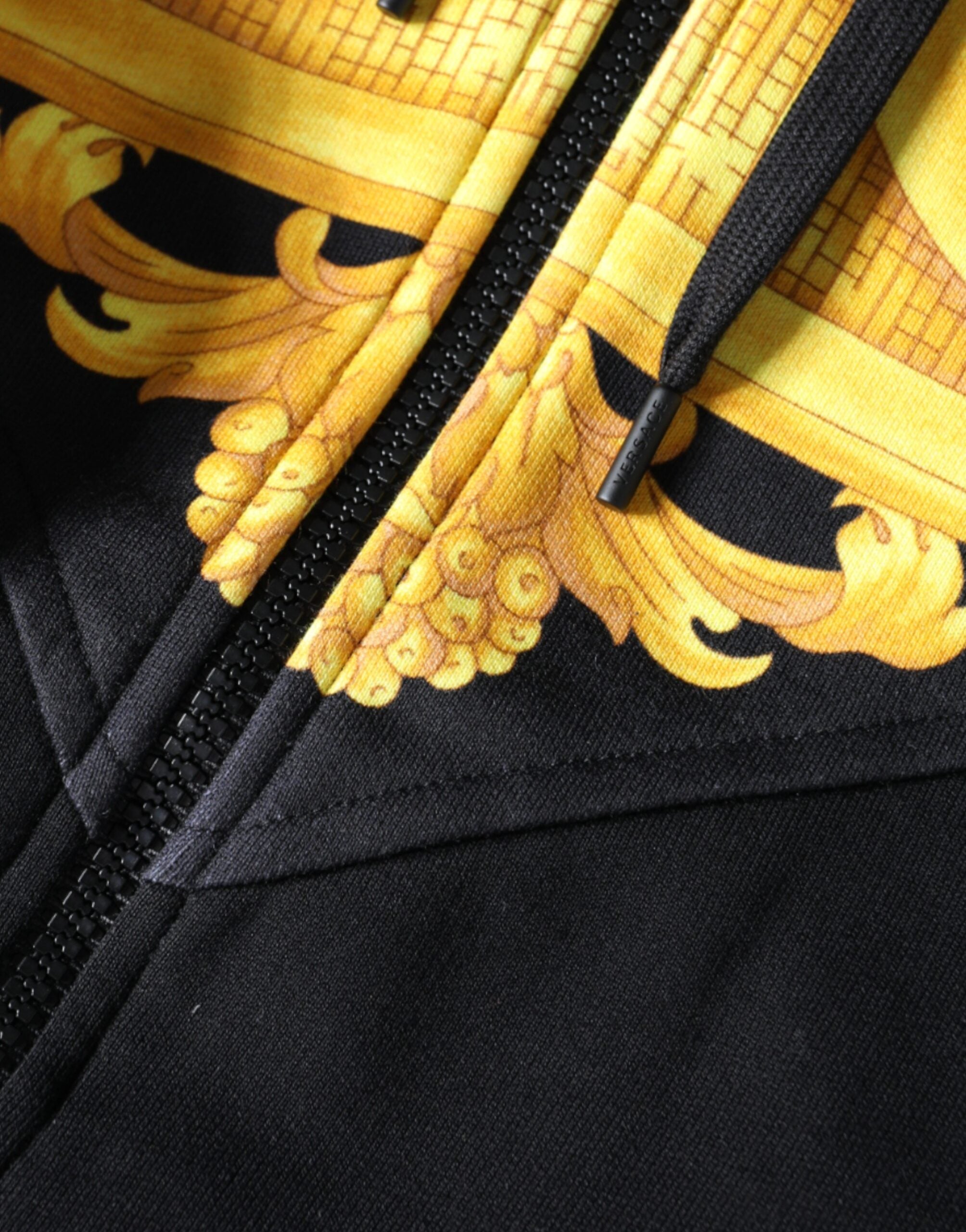 Versace black cotton full zip hoodie featuring a Medusa print design, casual sweatshirt with front zipper and long sleeves.