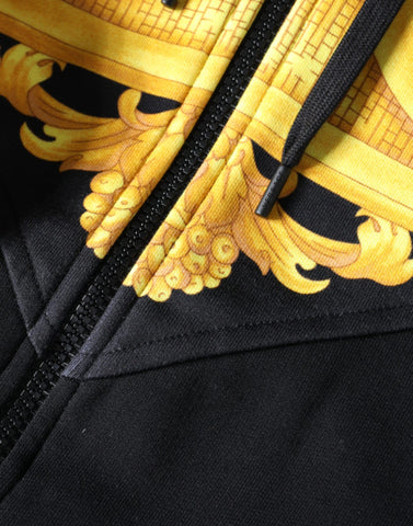 Versace black cotton full zip hoodie featuring a Medusa print design, casual sweatshirt with front zipper and long sleeves.