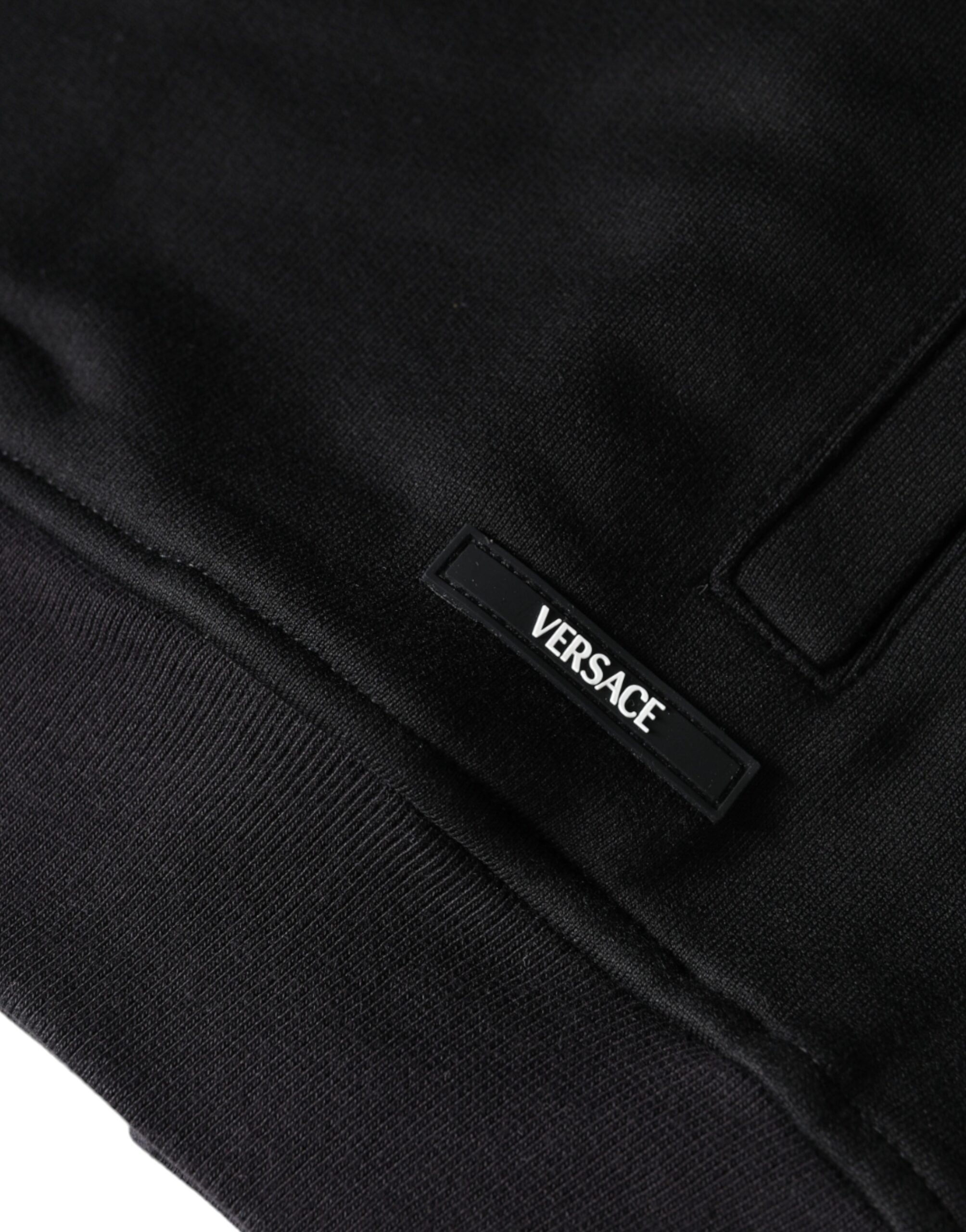 Versace black cotton full-zip hoodie featuring Medusa print, casual sweatshirt with front zipper and hood, stylish and comfortable.