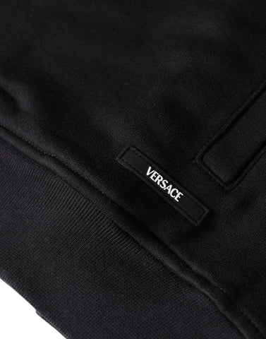 Versace black cotton full-zip hoodie featuring Medusa print, casual sweatshirt with front zipper and hood, stylish and comfortable.
