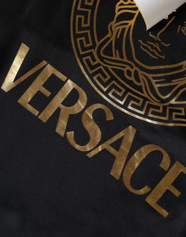 Versace black cotton hoodie featuring Medusa print, pullover style with long sleeves and hood, casual and stylish sweatshirt.