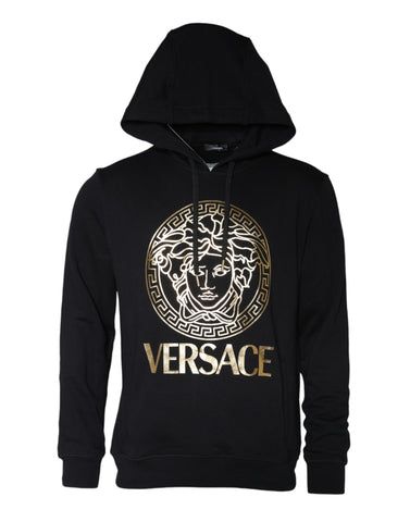 Versace black cotton hoodie with Medusa print, pullover sweatshirt featuring bold graphic design and comfortable fit.