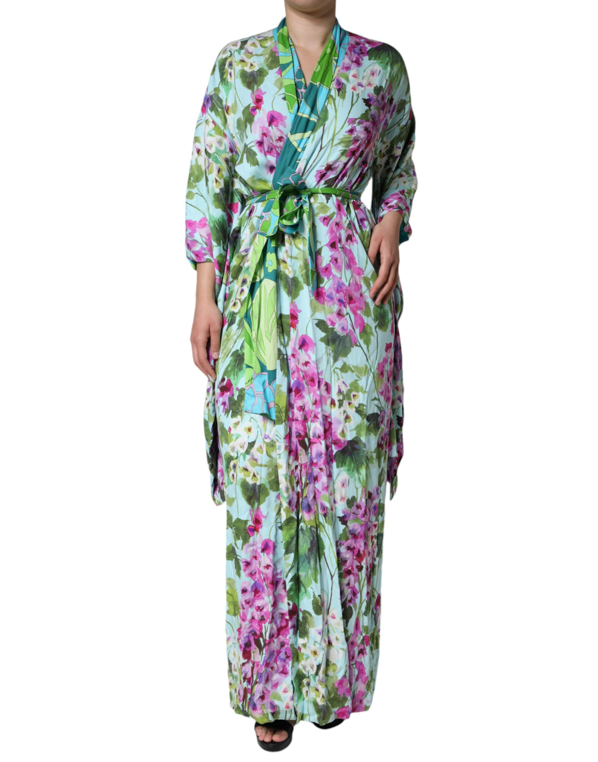Multicolor floral silk stretch wrap dress by Dolce & Gabbana, featuring a flowy design and vibrant floral pattern.