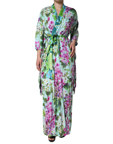 Multicolor floral silk stretch wrap dress by Dolce & Gabbana, featuring a flowy design and vibrant floral pattern.