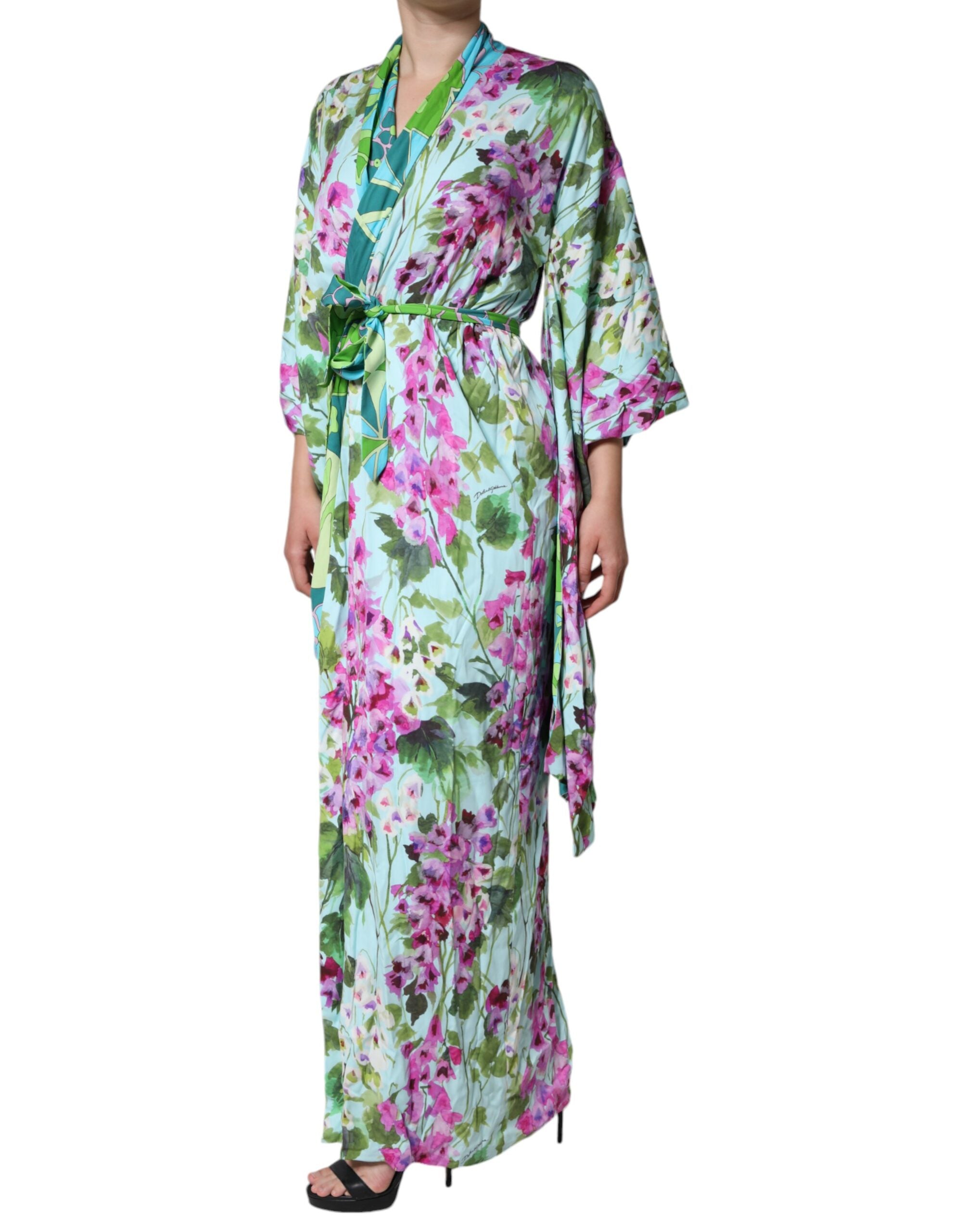Multicolor floral silk stretch wrap dress by Dolce & Gabbana, featuring vibrant floral patterns and elegant draped design.