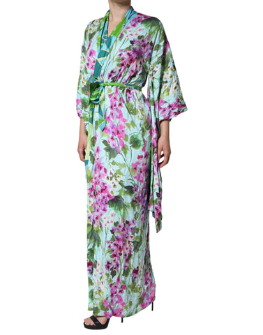 Multicolor floral silk stretch wrap dress by Dolce & Gabbana, featuring vibrant floral patterns and elegant draped design.
