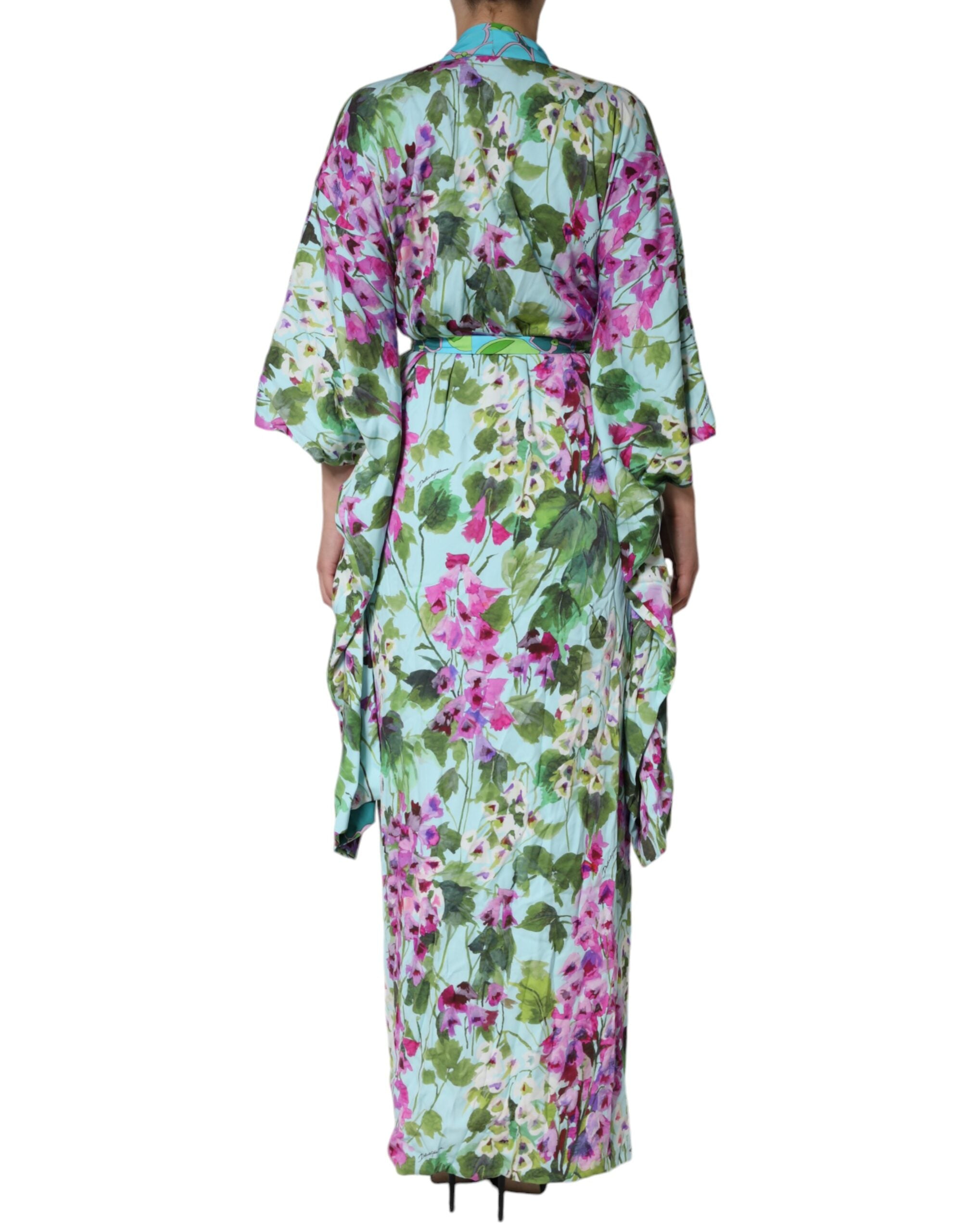 Multicolor floral silk stretch wrap dress by Dolce & Gabbana, featuring vibrant flower patterns and elegant fit.