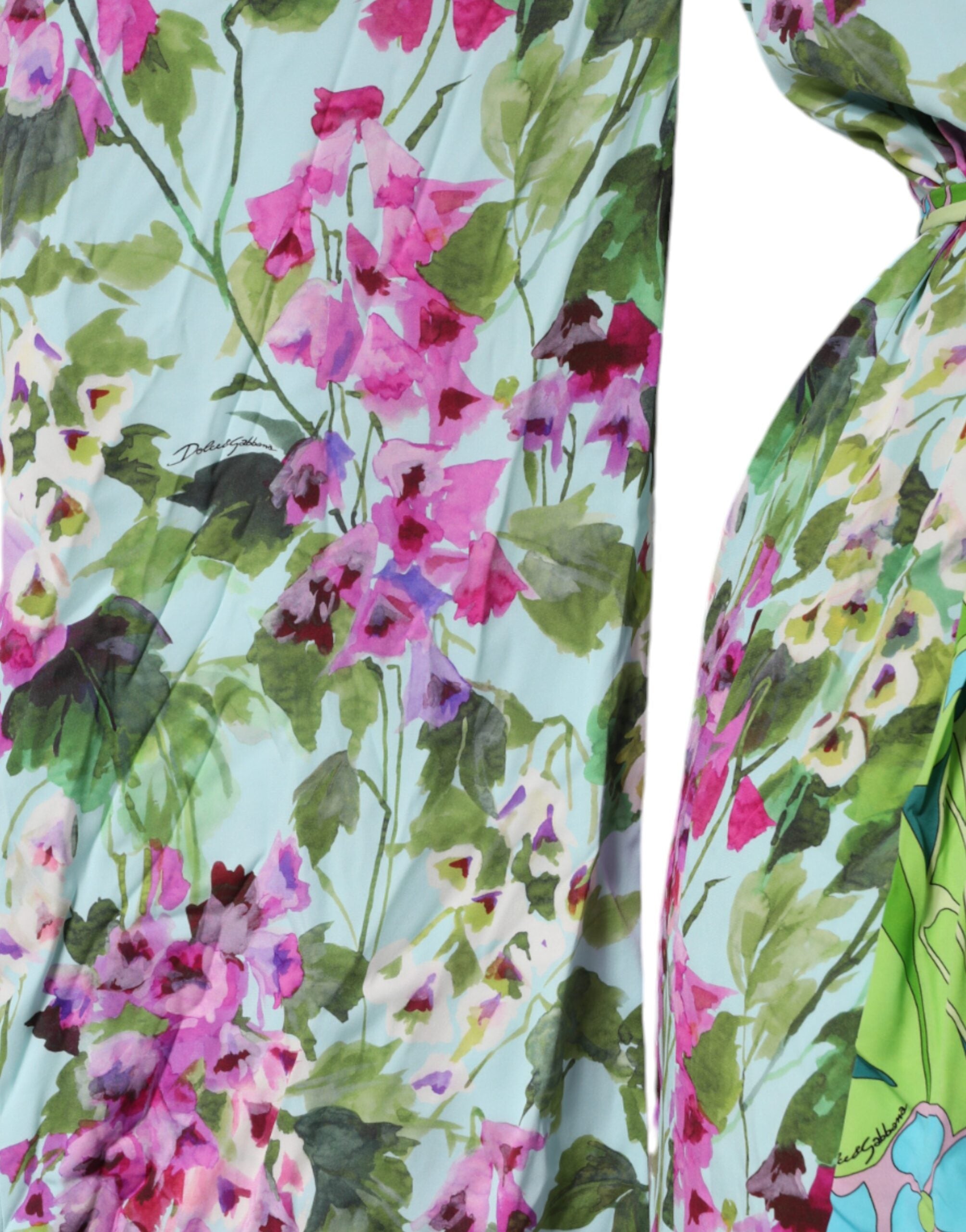 Multicolor floral silk stretch wrap dress by Dolce & Gabbana, featuring vibrant floral patterns and elegant draped design.