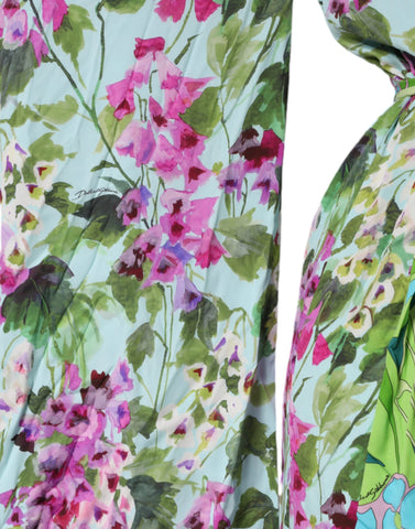 Multicolor floral silk stretch wrap dress by Dolce & Gabbana, featuring vibrant floral patterns and elegant draped design.