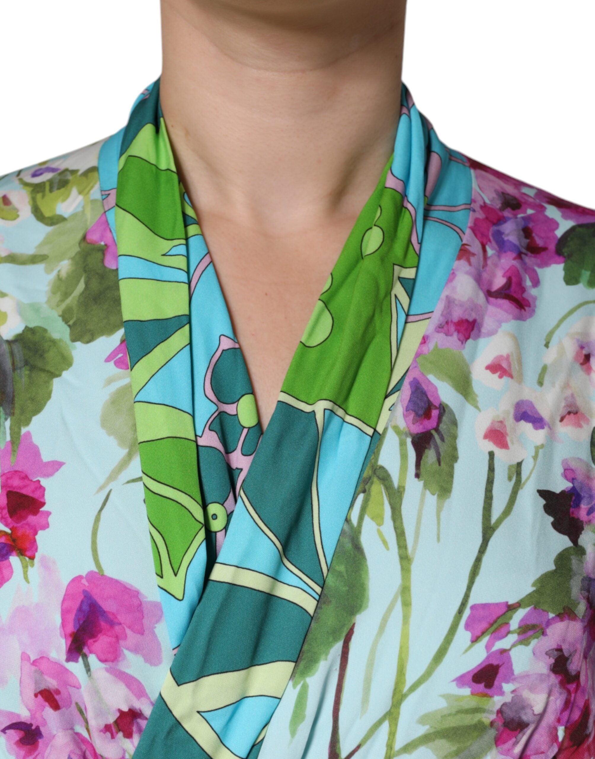 Multicolor floral silk stretch wrap dress by Dolce & Gabbana, featuring vibrant print and elegant design.