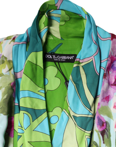 Multicolor floral silk stretch wrap dress by Dolce & Gabbana, featuring vibrant floral pattern and elegant silhouette.