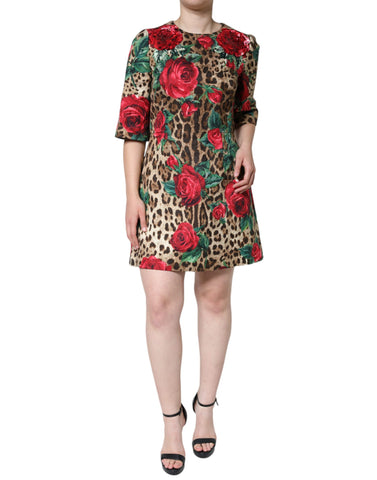 Brown leopard and red roses cotton A-line dress by Dolce & Gabbana, featuring a stylish floral and animal print design.