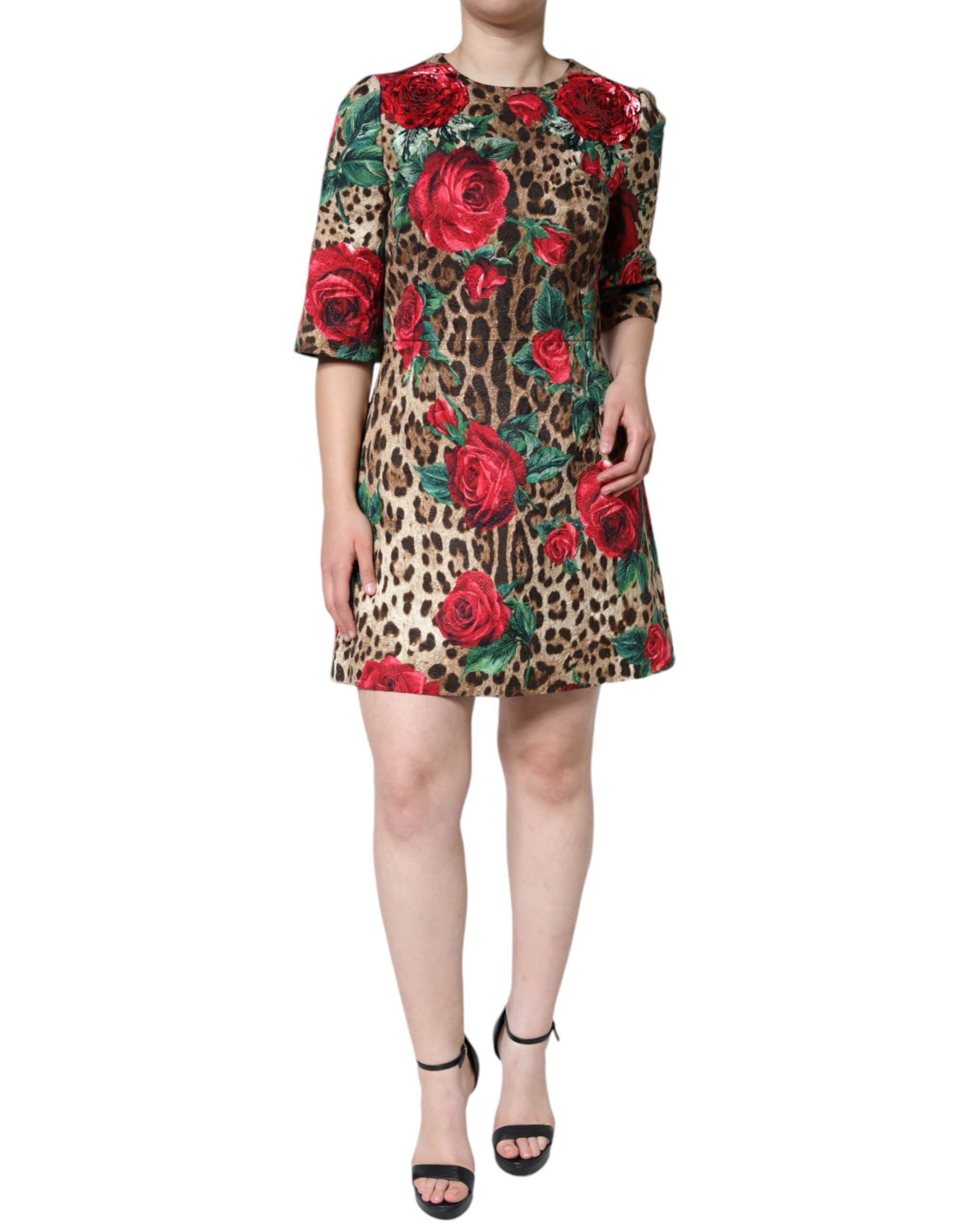 Brown leopard and red roses cotton A-line dress by Dolce & Gabbana, featuring a stylish floral print and classic silhouette.