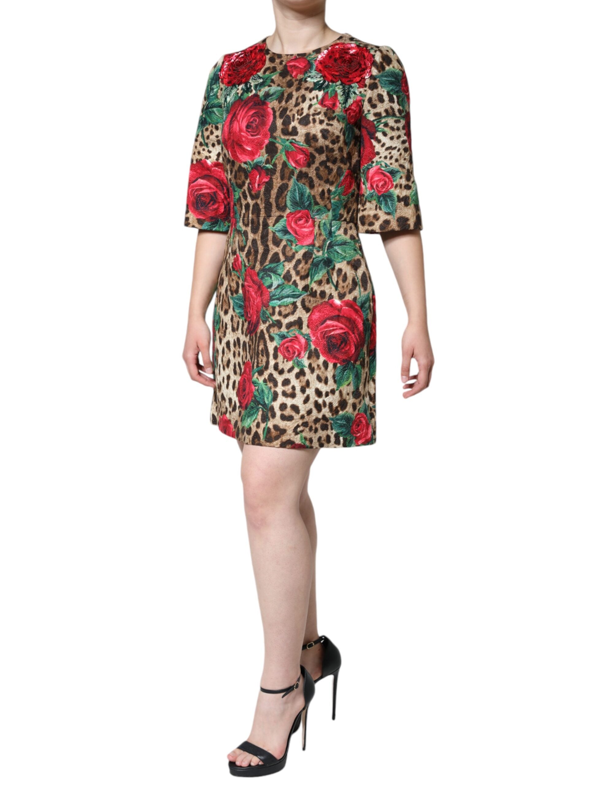 Brown leopard and red roses cotton A-line dress by Dolce & Gabbana, featuring a stylish floral and animal print design.