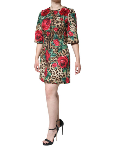 Brown leopard and red roses cotton A-line dress by Dolce & Gabbana, featuring a stylish floral and animal print design.