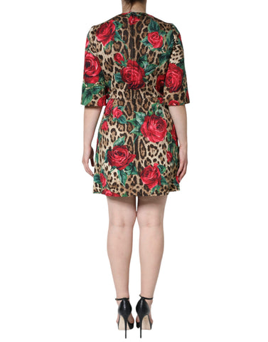 Brown leopard and red roses print cotton A-line dress by Dolce & Gabbana, featuring a stylish and feminine design.