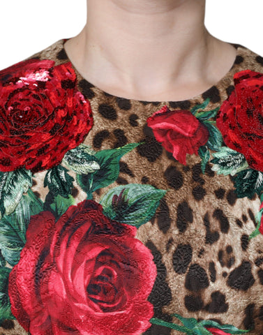 Brown leopard and red roses cotton A-line dress by Dolce & Gabbana featuring a floral and animal print design.