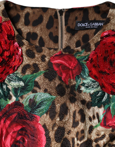 Brown leopard and red roses cotton A-line dress by Dolce & Gabbana, featuring a stylish floral and animal print design.