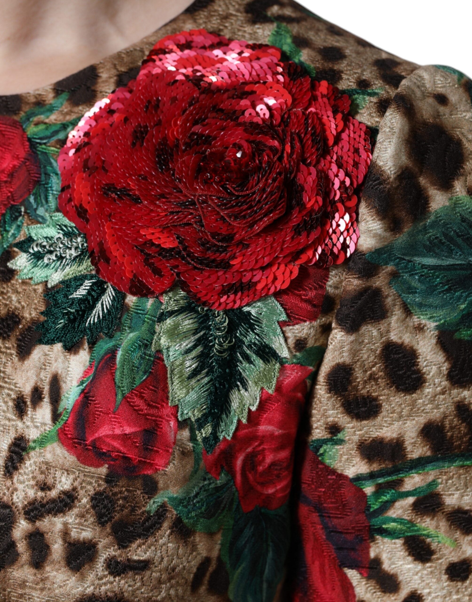 Brown leopard and red roses cotton A-line dress by Dolce & Gabbana, featuring a stylish animal print and floral pattern.