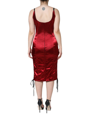 Red bustier corset lace bodycon midi dress by Dolce & Gabbana, featuring fitted silhouette and intricate lace detailing.