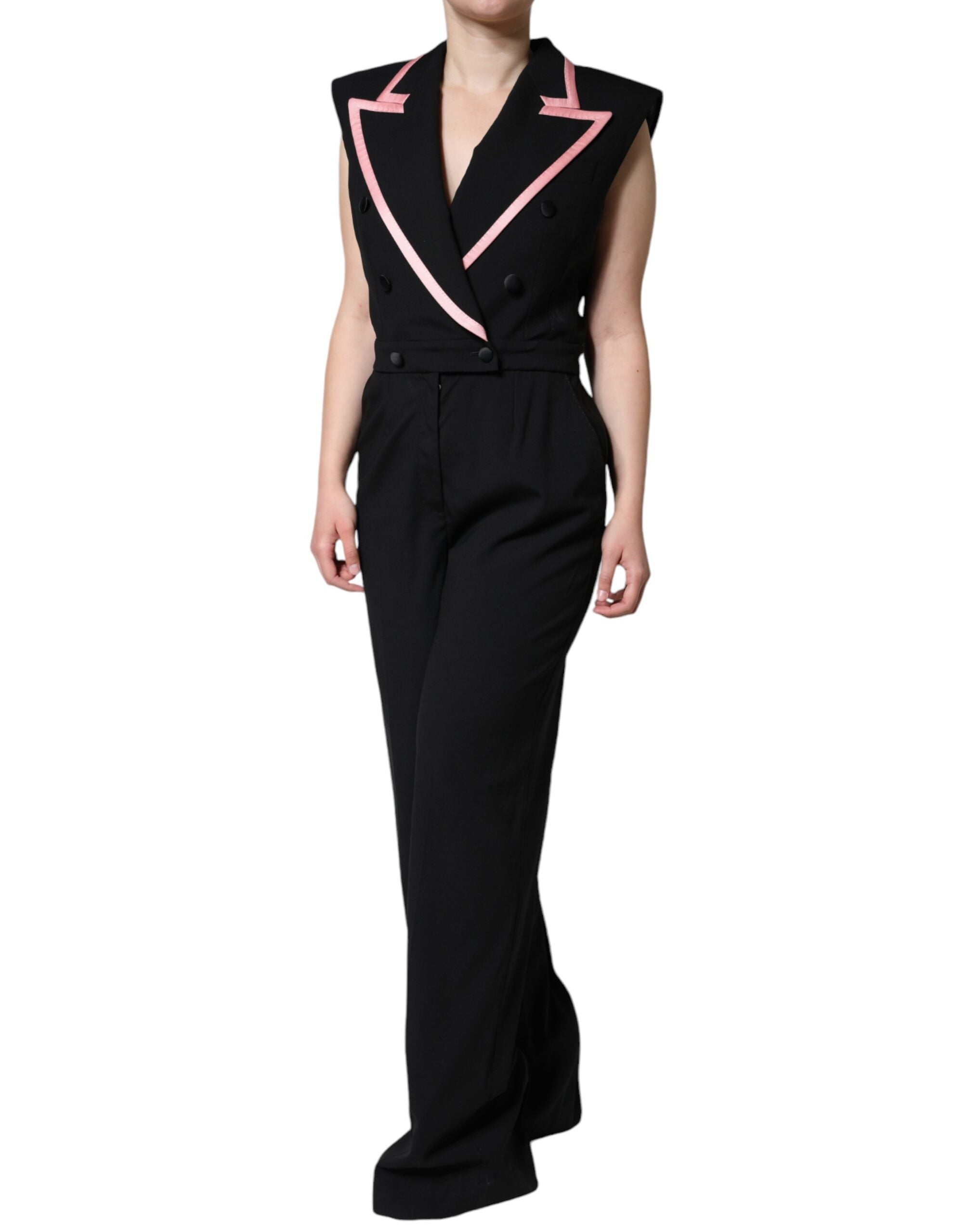 Black wool blend sleeveless jumpsuit dress by Dolce & Gabbana, featuring a fitted bodice and wide-leg pants.