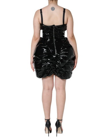 Black polyester ruched coated mini dress by Dolce & Gabbana, featuring a fitted silhouette and stylish ruched detailing.