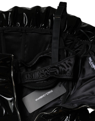 Black polyester ruched coated mini dress by Dolce & Gabbana, shown with fitted silhouette and textured fabric details.