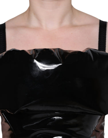 Black polyester ruched coated mini dress by Dolce & Gabbana, showcasing a fitted design with ruched details and a sleek finish.