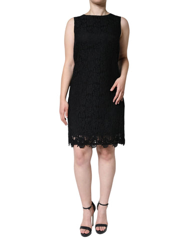 Black floral lace sheath sleeveless mini dress by Dolce & Gabbana, featuring intricate lace detail and a fitted silhouette.