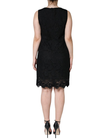 Black floral lace sheath sleeveless mini dress by Dolce & Gabbana, featuring intricate lace details and a fitted silhouette.