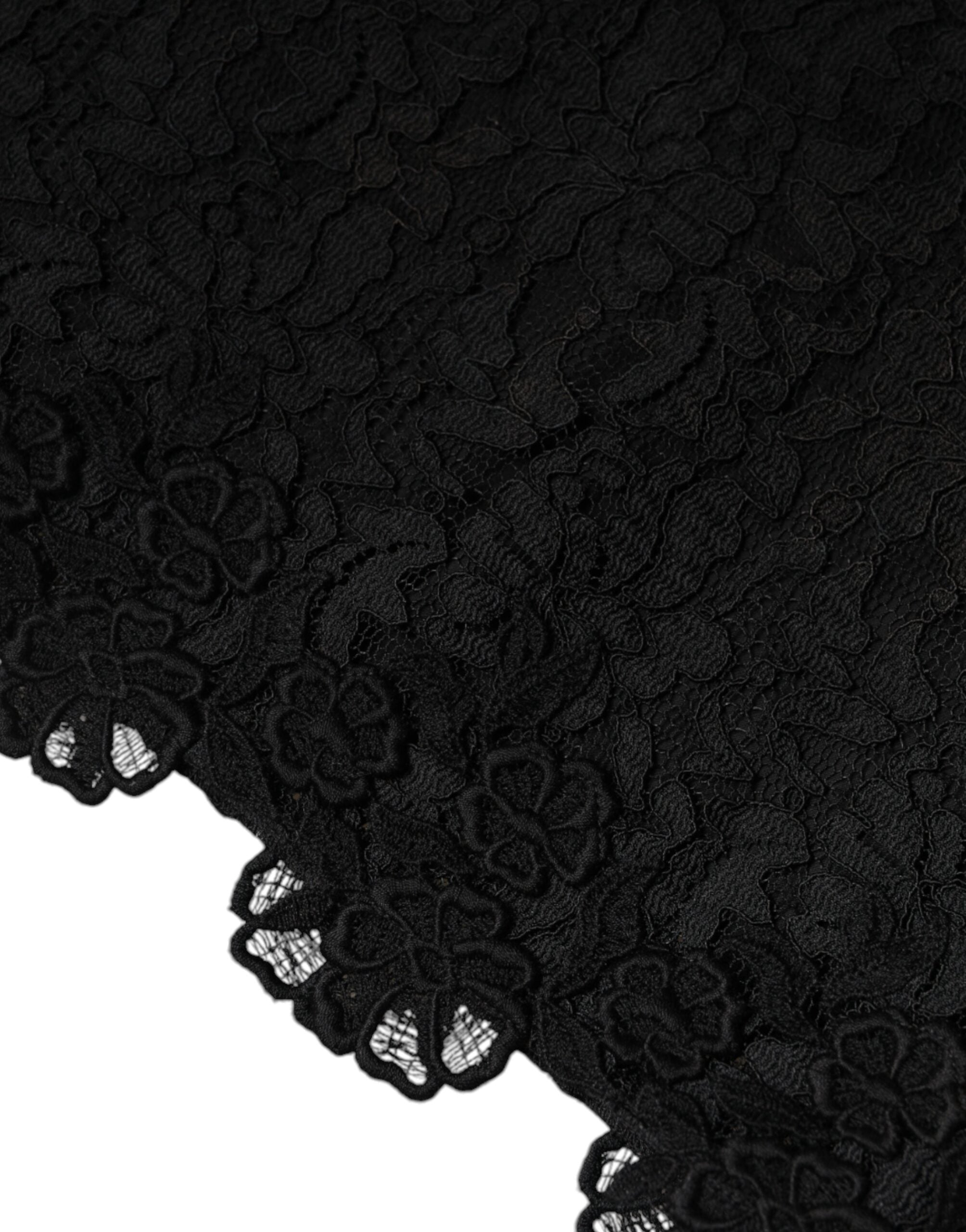 Black floral lace sheath sleeveless mini dress by Dolce & Gabbana, detailed lace fabric with a fitted silhouette.