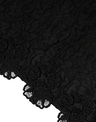 Black floral lace sheath sleeveless mini dress by Dolce & Gabbana, detailed lace fabric with a fitted silhouette.