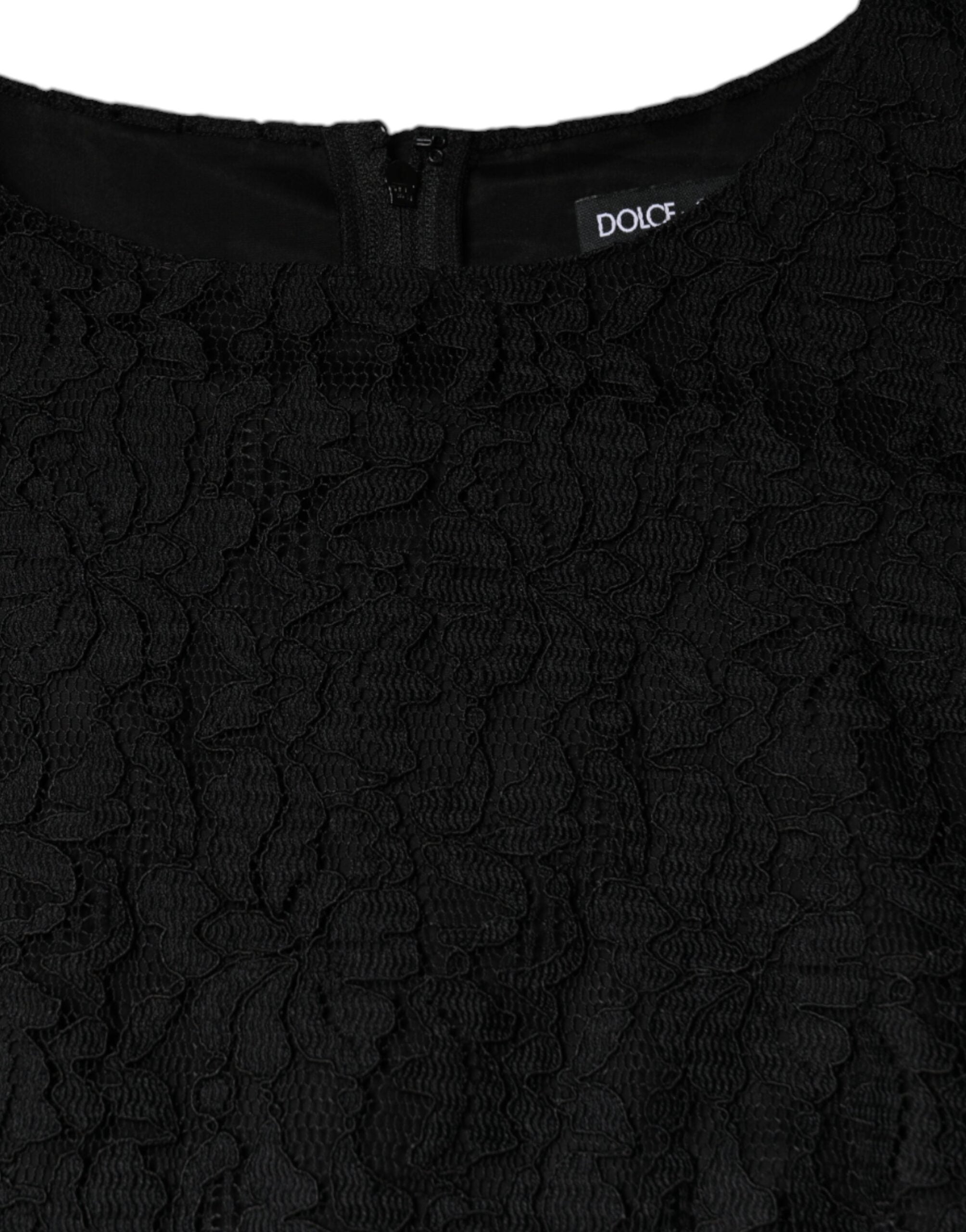 Black floral lace sheath sleeveless mini dress by Dolce & Gabbana, showcasing intricate lace details and a fitted silhouette.