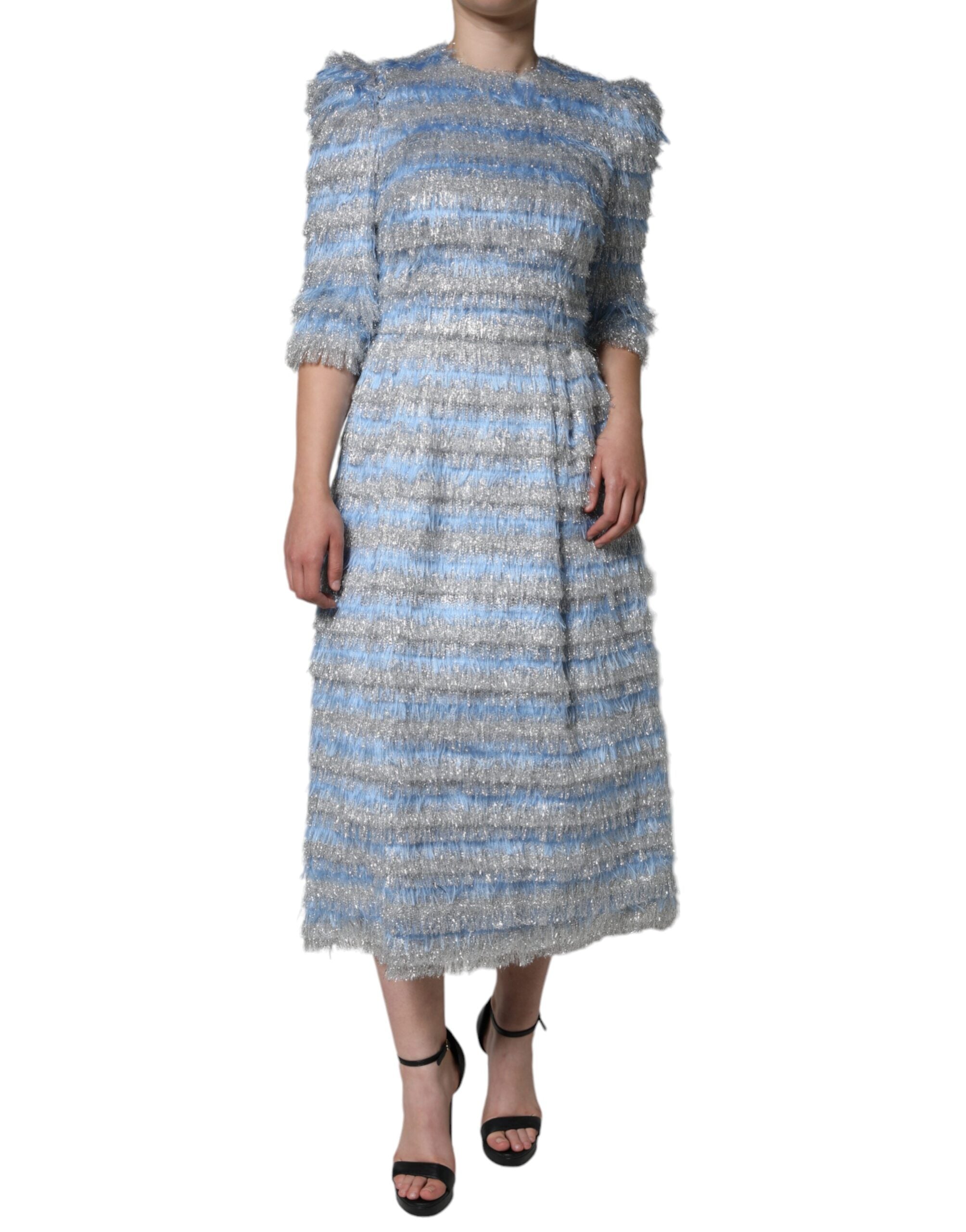 Light blue silver jacquard A-line midi dress by Dolce & Gabbana, showcasing intricate pattern and elegant silhouette.