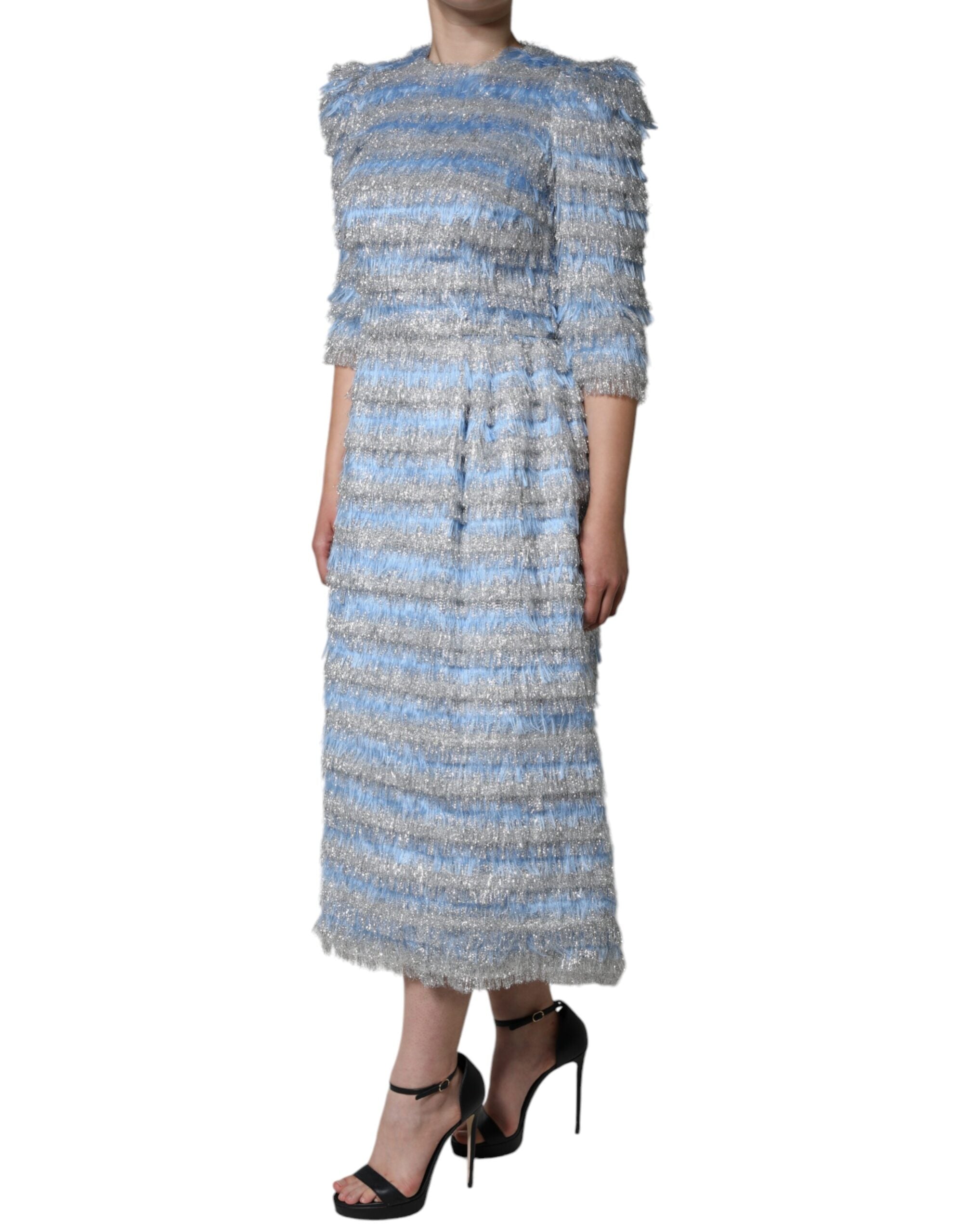 Light blue silver jacquard A-line midi dress by Dolce & Gabbana, featuring intricate patterns and elegant flowy fabric.