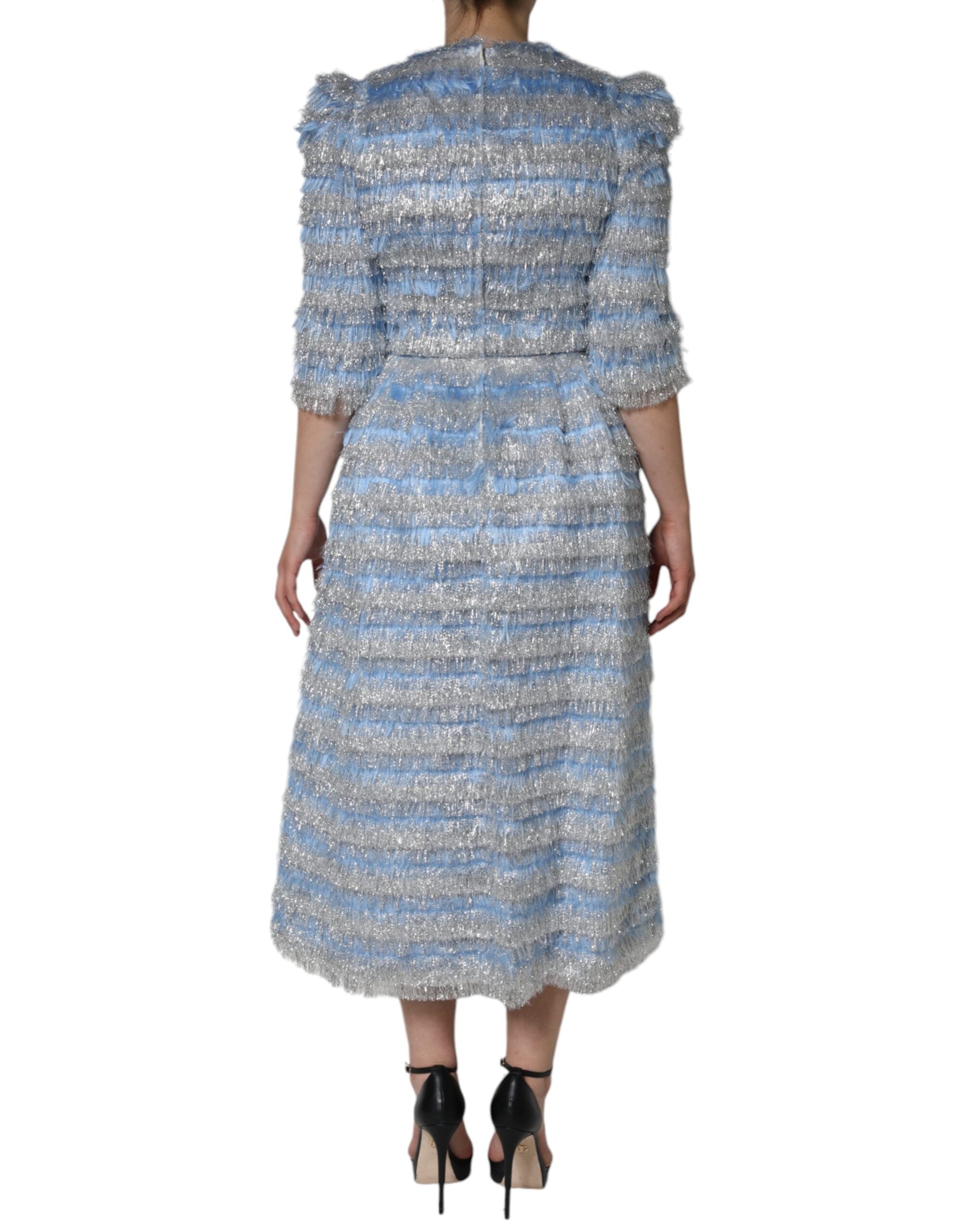 Light blue silver jacquard A-line midi dress by Dolce & Gabbana featuring intricate floral patterns and elegant design.