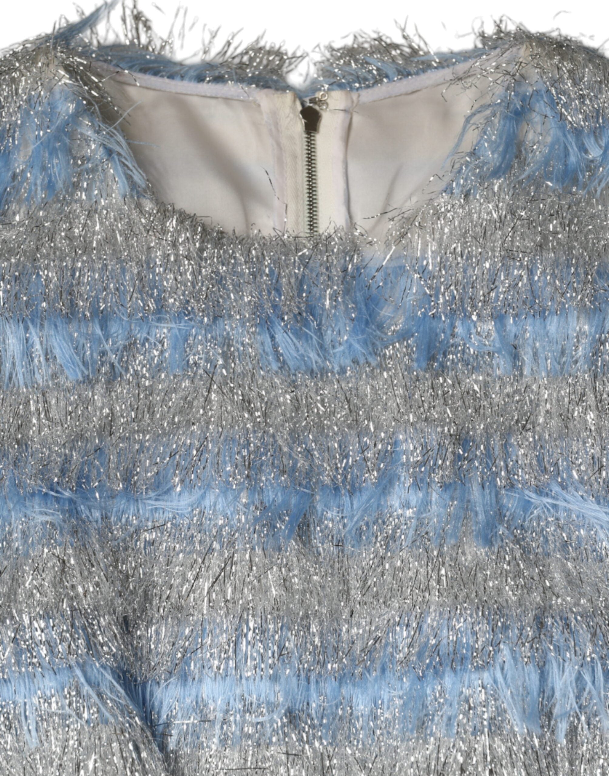 Light blue silver jacquard A-line midi dress by Dolce & Gabbana, showcasing intricate fabric pattern and elegant design.