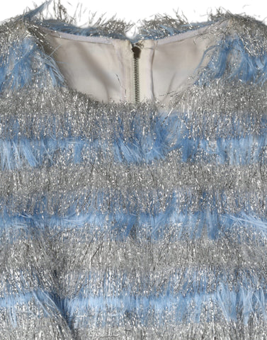 Light blue silver jacquard A-line midi dress by Dolce & Gabbana, showcasing intricate fabric pattern and elegant design.