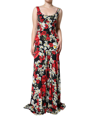 Black floral silk sleeveless long gown dress by Dolce & Gabbana, featuring elegant floral pattern and flowing fabric.