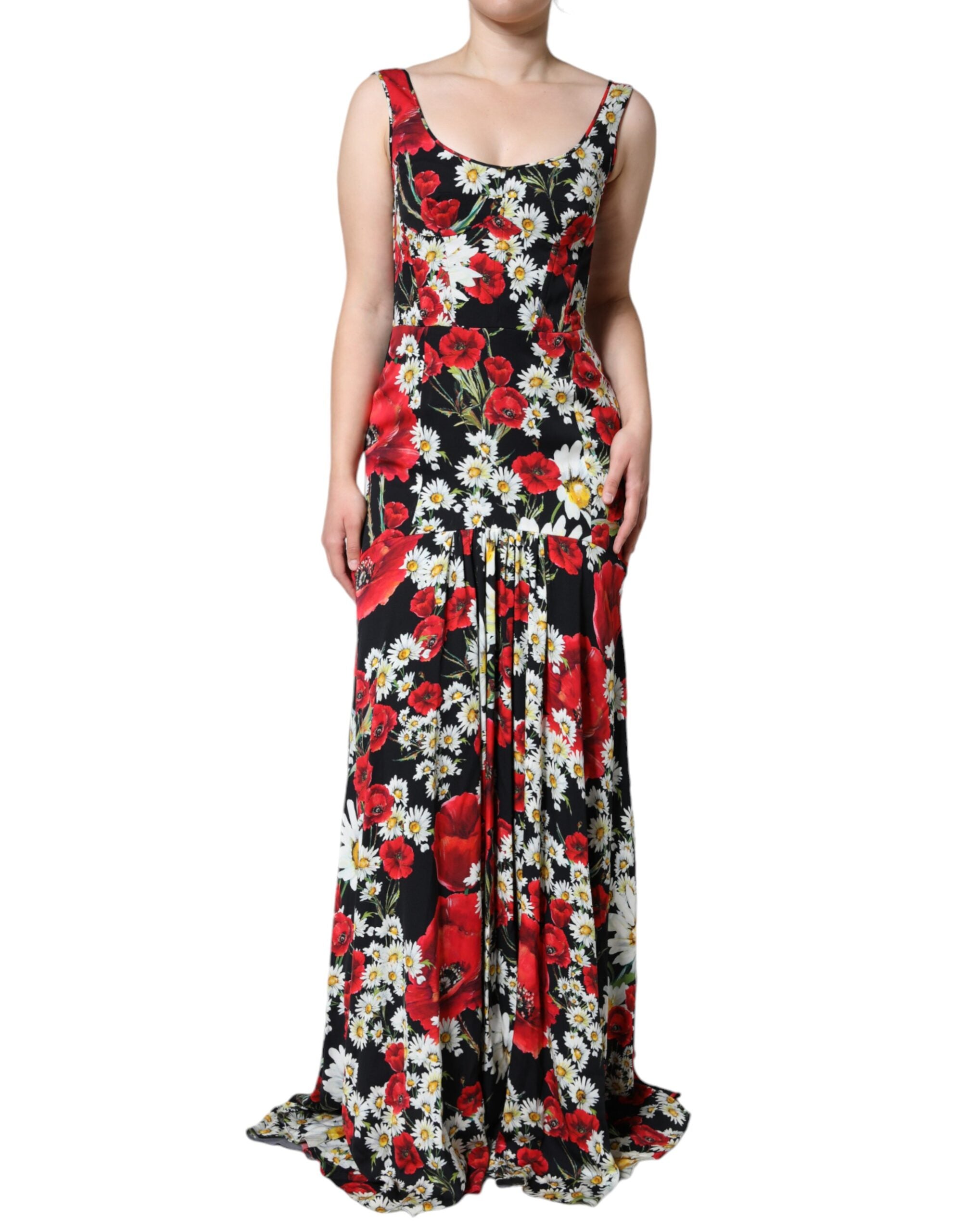 Black floral silk sleeveless long gown dress by Dolce & Gabbana, elegant and flowing with intricate floral patterns.