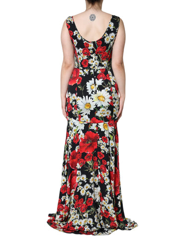 Black floral silk sleeveless long gown dress by Dolce & Gabbana, featuring elegant flowy fabric and intricate floral pattern.
