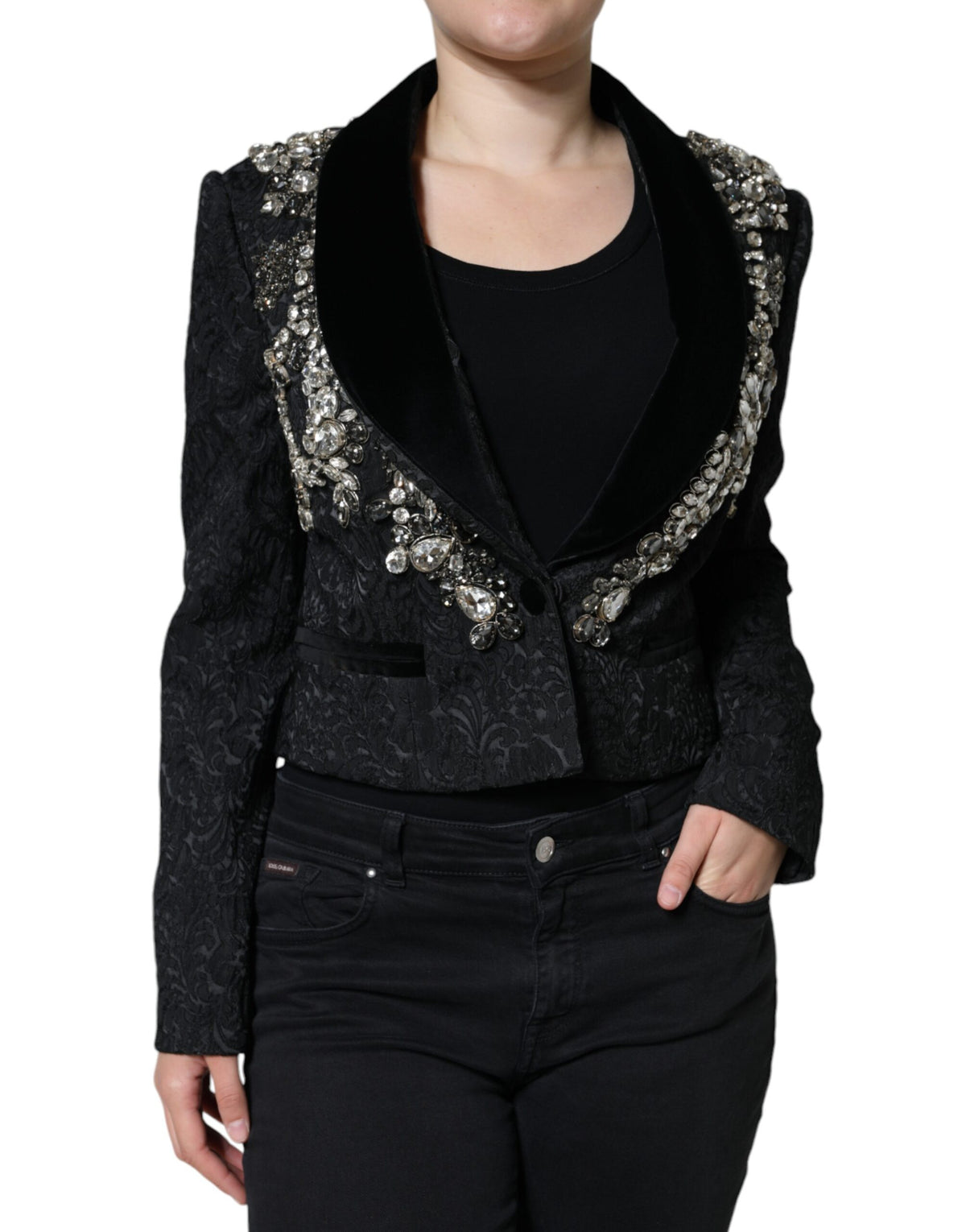 Black Jacquard Crystal Floral Jacket Blazer by Dolce & Gabbana with intricate floral pattern and crystal embellishments.