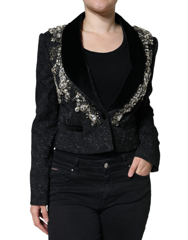 Black Jacquard Crystal Floral Jacket Blazer by Dolce & Gabbana with intricate floral pattern and crystal embellishments.