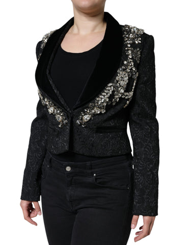 Black Jacquard crystal floral blazer by Dolce & Gabbana, featuring intricate floral patterns and crystal embellishments on the jacket.