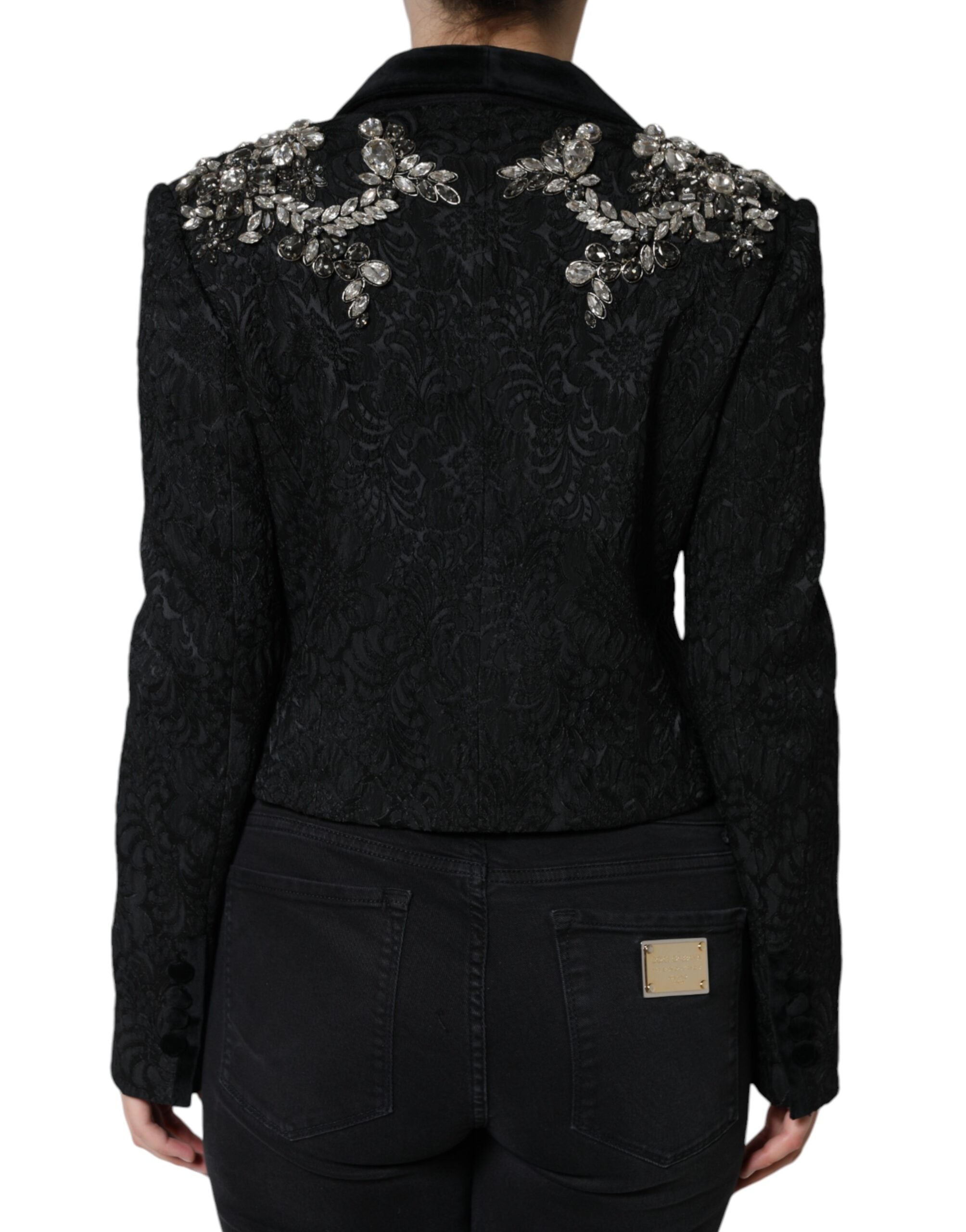 Black Jacquard Crystal Floral Jacket Blazer by Dolce & Gabbana, featuring intricate floral patterns and crystal embellishments.