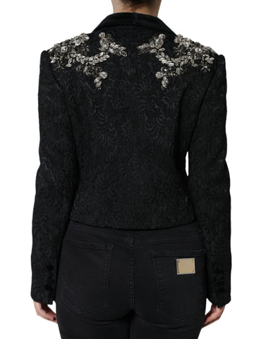 Black Jacquard Crystal Floral Jacket Blazer by Dolce & Gabbana, featuring intricate floral patterns and crystal embellishments.